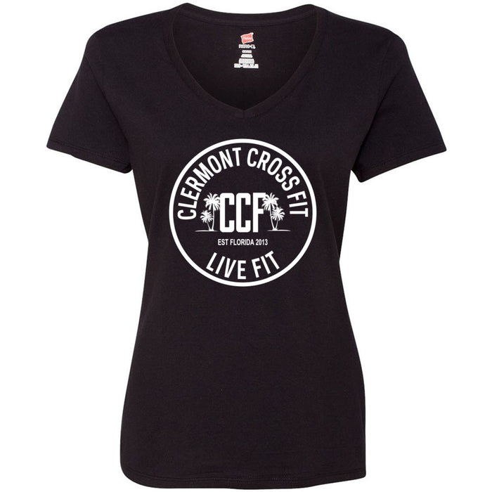 Clermont CrossFit - 100 - Anniversary (Outlined) - Women's V-Neck T-Shirt